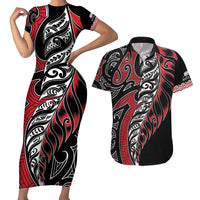 Koru Fern New Zealand Couples Matching Short Sleeve Bodycon Dress and Hawaiian Shirt Maori Tribal Pattern LT9 Red - Polynesian Pride