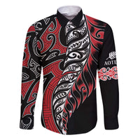 Koru Fern New Zealand Family Matching Off The Shoulder Long Sleeve Dress and Hawaiian Shirt Maori Tribal Pattern LT9 Dad's Shirt - Long Sleeve Red - Polynesian Pride