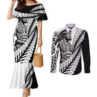 Koru Fern New Zealand Maori Tribal Warrior Couples Matching Mermaid Dress and Long Sleeve Button Shirt