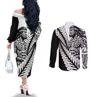 Koru Fern New Zealand Maori Tribal Warrior Couples Matching Off The Shoulder Long Sleeve Dress and Long Sleeve Button Shirt