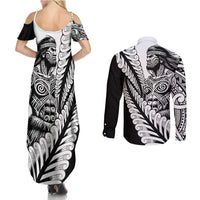 Koru Fern New Zealand Maori Tribal Warrior Couples Matching Summer Maxi Dress and Long Sleeve Button Shirt