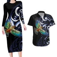 New Zealand Kea Bird Personalised Couples Matching Long Sleeve Bodycon Dress and Hawaiian Shirt Maori Tribal Koru Art LT9 Blue - Polynesian Pride