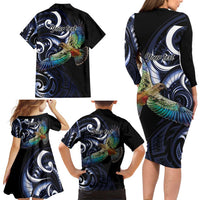 New Zealand Kea Bird Personalised Family Matching Long Sleeve Bodycon Dress and Hawaiian Shirt Maori Tribal Koru Art LT9 - Polynesian Pride