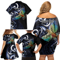New Zealand Kea Bird Personalised Family Matching Off Shoulder Short Dress and Hawaiian Shirt Maori Tribal Koru Art LT9 - Polynesian Pride