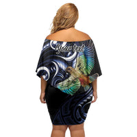 New Zealand Kea Bird Personalised Family Matching Off Shoulder Short Dress and Hawaiian Shirt Maori Tribal Koru Art LT9 - Polynesian Pride