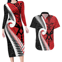 Silver Fern Koru Swirls with Maori Ta Moko Couples Matching Long Sleeve Bodycon Dress and Hawaiian Shirt LT9 Red - Polynesian Pride