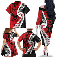 Silver Fern Koru Swirls with Maori Ta Moko Family Matching Off The Shoulder Long Sleeve Dress and Hawaiian Shirt LT9 - Polynesian Pride