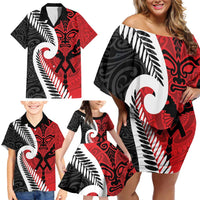 Silver Fern Koru Swirls with Maori Ta Moko Family Matching Off Shoulder Short Dress and Hawaiian Shirt LT9 - Polynesian Pride