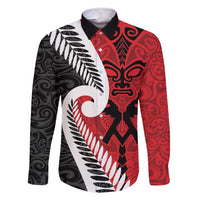 Silver Fern Koru Swirls with Maori Ta Moko Family Matching Short Sleeve Bodycon Dress and Hawaiian Shirt LT9 Dad's Shirt - Long Sleeve Red - Polynesian Pride
