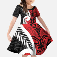 Silver Fern Koru Swirls with Maori Ta Moko Family Matching Tank Maxi Dress and Hawaiian Shirt LT9 Daughter's Dress Red - Polynesian Pride