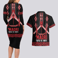 Toitu Te Tiriti Waitangi Couples Matching Long Sleeve Bodycon Dress and Hawaiian Shirt Black Wharenui House LT9 - Polynesian Pride