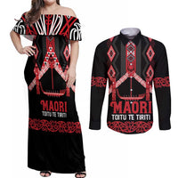 Toitu Te Tiriti Waitangi Couples Matching Off Shoulder Maxi Dress and Long Sleeve Button Shirt Black Wharenui House - Polynesian Pride