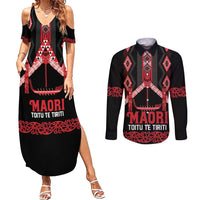 Toitu Te Tiriti Waitangi Couples Matching Summer Maxi Dress and Long Sleeve Button Shirt Black Wharenui House LT9 Black - Polynesian Pride