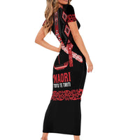 Toitu Te Tiriti Waitangi Short Sleeve Bodycon Dress Black Wharenui House - Polynesian Pride