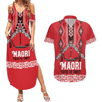 Toitu Te Tiriti Waitangi Couples Matching Summer Maxi Dress and Hawaiian Shirt Red Wharenui House - Polynesian Pride
