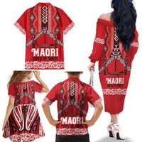 Toitu Te Tiriti Waitangi Family Matching Off The Shoulder Long Sleeve Dress and Hawaiian Shirt Red Wharenui House LT9 - Polynesian Pride