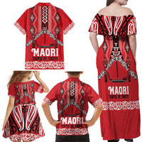Toitu Te Tiriti Waitangi Family Matching Off Shoulder Maxi Dress and Hawaiian Shirt Red Wharenui House LT9 - Polynesian Pride