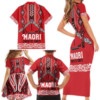 Toitu Te Tiriti Waitangi Family Matching Short Sleeve Bodycon Dress and Hawaiian Shirt Red Wharenui House LT9 - Polynesian Pride