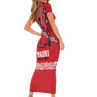 Toitu Te Tiriti Waitangi Family Matching Short Sleeve Bodycon Dress and Hawaiian Shirt Red Wharenui House LT9 - Polynesian Pride