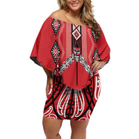 Toitu Te Tiriti Waitangi Off Shoulder Short Dress Red Wharenui House - Polynesian Pride