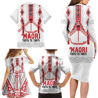 Toitu Te Tiriti Waitangi Family Matching Long Sleeve Bodycon Dress and Hawaiian Shirt White Wharenui House LT9 - Polynesian Pride