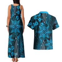Vintage Tonga Tribal Ngatu Pattern Couples Matching Tank Maxi Dress and Hawaiian Shirt With Pacific Floral Aqua Art