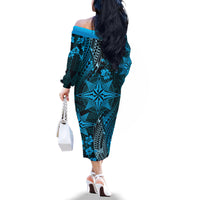 Vintage Tonga Tribal Ngatu Pattern Family Matching Off The Shoulder Long Sleeve Dress and Hawaiian Shirt With Pacific Floral Aqua Art LT9 - Polynesian Pride