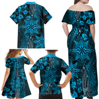 Vintage Tonga Tribal Ngatu Pattern Family Matching Off Shoulder Maxi Dress and Hawaiian Shirt With Pacific Floral Aqua Art LT9 - Polynesian Pride