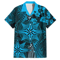 Vintage Tonga Tribal Ngatu Pattern Family Matching Off Shoulder Maxi Dress and Hawaiian Shirt With Pacific Floral Aqua Art LT9 Dad's Shirt - Short Sleeve Aqua - Polynesian Pride