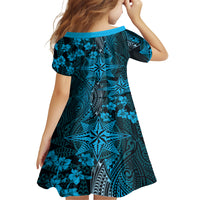 Vintage Tonga Tribal Ngatu Pattern Family Matching Off Shoulder Short Dress and Hawaiian Shirt With Pacific Floral Aqua Art LT9 - Polynesian Pride