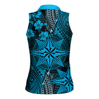 Vintage Tonga Tribal Ngatu Pattern Women Sleeveless Polo Shirt With Pacific Floral Aqua Art