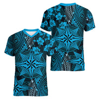 Vintage Tonga Tribal Ngatu Pattern Women V-Neck T-Shirt With Pacific Floral Aqua Art