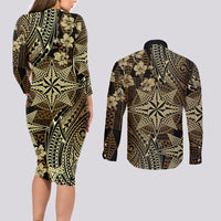 Vintage Tonga Tribal Ngatu Pattern Couples Matching Long Sleeve Bodycon Dress and Long Sleeve Button Shirt With Pacific Floral Brown Art