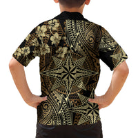 Vintage Tonga Tribal Ngatu Pattern Family Matching Off The Shoulder Long Sleeve Dress and Hawaiian Shirt With Pacific Floral Brown Art LT9 - Polynesian Pride