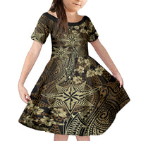 Vintage Tonga Tribal Ngatu Pattern Family Matching Off The Shoulder Long Sleeve Dress and Hawaiian Shirt With Pacific Floral Brown Art LT9 Daughter's Dress Brown - Polynesian Pride