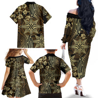 Vintage Tonga Tribal Ngatu Pattern Family Matching Off The Shoulder Long Sleeve Dress and Hawaiian Shirt With Pacific Floral Brown Art LT9 - Polynesian Pride