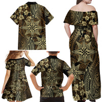 Vintage Tonga Tribal Ngatu Pattern Family Matching Off Shoulder Maxi Dress and Hawaiian Shirt With Pacific Floral Brown Art LT9 - Polynesian Pride
