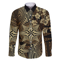Vintage Tonga Tribal Ngatu Pattern Family Matching Off Shoulder Short Dress and Hawaiian Shirt With Pacific Floral Brown Art LT9 Dad's Shirt - Long Sleeve Brown - Polynesian Pride