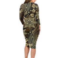 Vintage Tonga Tribal Ngatu Pattern Long Sleeve Bodycon Dress With Pacific Floral Brown Art