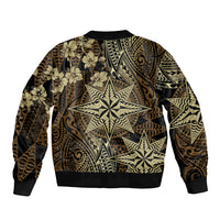 Vintage Tonga Tribal Ngatu Pattern Sleeve Zip Bomber Jacket With Pacific Floral Brown Art
