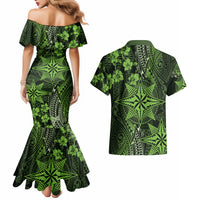Vintage Tonga Tribal Ngatu Pattern Couples Matching Mermaid Dress and Hawaiian Shirt With Pacific Floral Lime Green Art