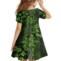 Vintage Tonga Tribal Ngatu Pattern Family Matching Off The Shoulder Long Sleeve Dress and Hawaiian Shirt With Pacific Floral Lime Green Art LT9 - Polynesian Pride