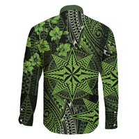 Vintage Tonga Tribal Ngatu Pattern Family Matching Off The Shoulder Long Sleeve Dress and Hawaiian Shirt With Pacific Floral Lime Green Art LT9 - Polynesian Pride