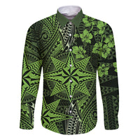 Vintage Tonga Tribal Ngatu Pattern Family Matching Off Shoulder Maxi Dress and Hawaiian Shirt With Pacific Floral Lime Green Art LT9 Dad's Shirt - Long Sleeve Lime Green - Polynesian Pride