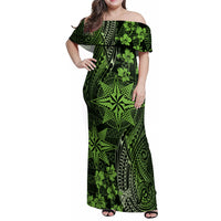 Vintage Tonga Tribal Ngatu Pattern Family Matching Off Shoulder Maxi Dress and Hawaiian Shirt With Pacific Floral Lime Green Art LT9 Mom's Dress Lime Green - Polynesian Pride