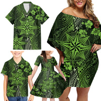 Vintage Tonga Tribal Ngatu Pattern Family Matching Off Shoulder Short Dress and Hawaiian Shirt With Pacific Floral Lime Green Art LT9 - Polynesian Pride