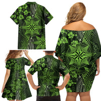 Vintage Tonga Tribal Ngatu Pattern Family Matching Off Shoulder Short Dress and Hawaiian Shirt With Pacific Floral Lime Green Art LT9 - Polynesian Pride