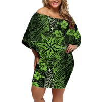 Vintage Tonga Tribal Ngatu Pattern Family Matching Off Shoulder Short Dress and Hawaiian Shirt With Pacific Floral Lime Green Art LT9 Mom's Dress Lime Green - Polynesian Pride