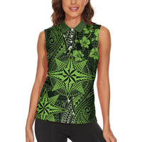 Vintage Tonga Tribal Ngatu Pattern Women Sleeveless Polo Shirt With Pacific Floral Lime Green Art