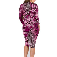 Vintage Tonga Tribal Ngatu Pattern Family Matching Long Sleeve Bodycon Dress and Hawaiian Shirt With Pacific Floral Pink Art